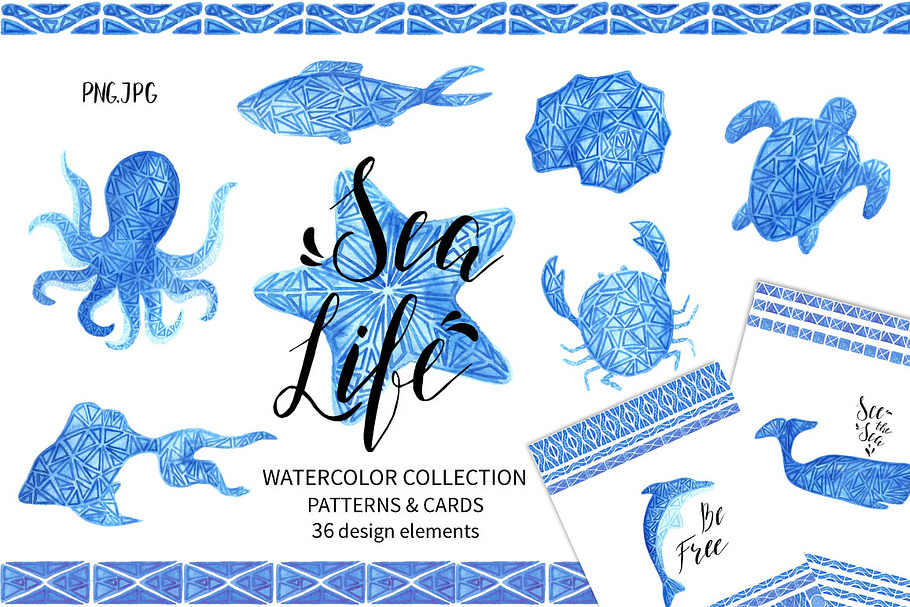 Sea Life.Watercolor collection. in Objects - product preview 8