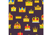 Crown vector golden royal jewelry symbol of king set queen princess crowning prince authority crown jeweles seamless pattern background