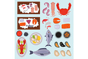 Seafood vector illustration set design flat fish and crab food oyster fresh seafood shrimp menu sea food octopus animal shellfish