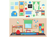 Horizontal view cozy baby room decor vector children bedroom interior illustration with furniture and toys. Nursery childhood interior boy babyroom.