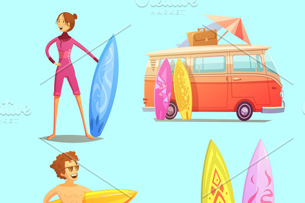 Surfing retro cartoon icons set