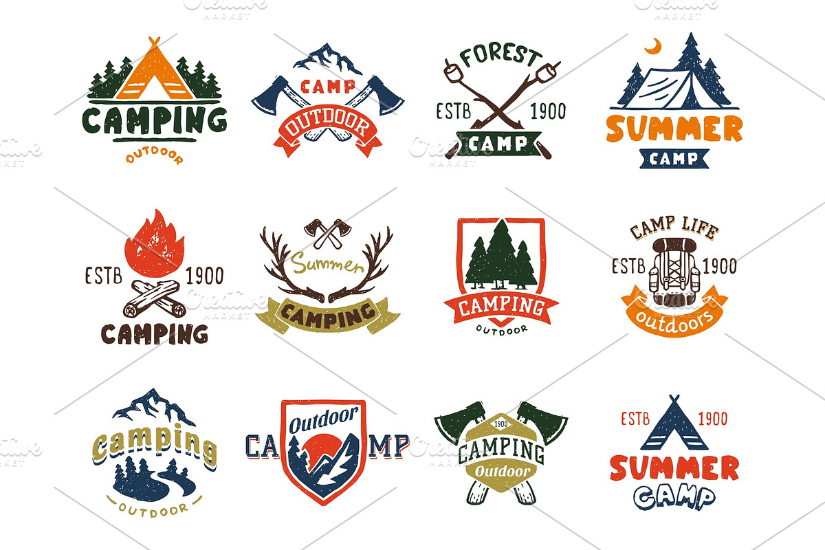 Set of vintage woods camp badges and travel logo hand drawn emblems nature mountain camp outdoor vector illustration. in Objects - product preview 8