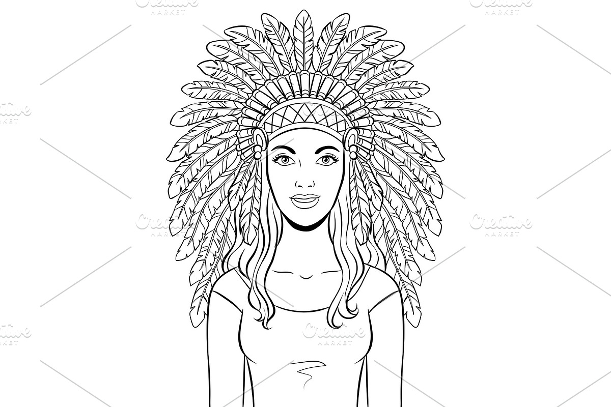 Woman in Indian headdress coloring vector in Objects - product preview 8