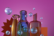 3d creative glass world composition with color bottles and blue bubbles