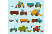 Different types vector agricultural vehicles and harvester machine, combines and excavators. Icon set agricultural harvester machine with accessories for plowing, mowing, planting and harvesting