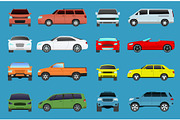 Car type vector model vehicle objects icons set multicolor automobile supercar. Wheel symbol car types coupe hatchback. Traffic collection showroom camper car types minivan flat mini automotive