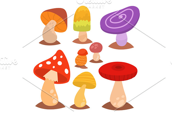 Mushrooms fungus agaric toadstool different art style design fungi vector illustration red hat
