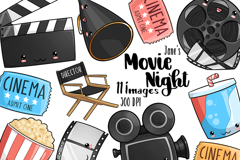 Kawaii Movie Night Clipart in Illustrations - product preview 8