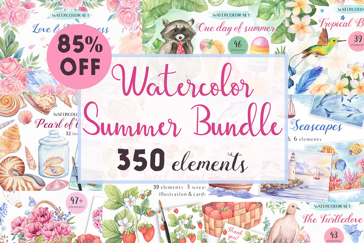 -85%OFF-Big Watercolor Summer Bundle in Illustrations - product preview 8