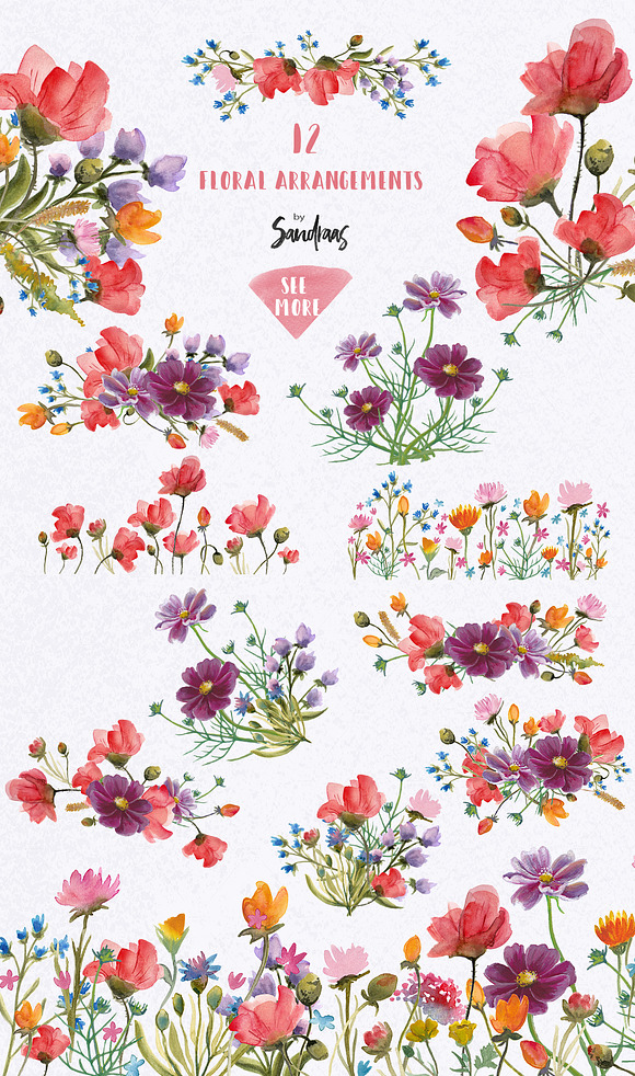 Wild flowers watercolor clip art in Illustrations - product preview 1