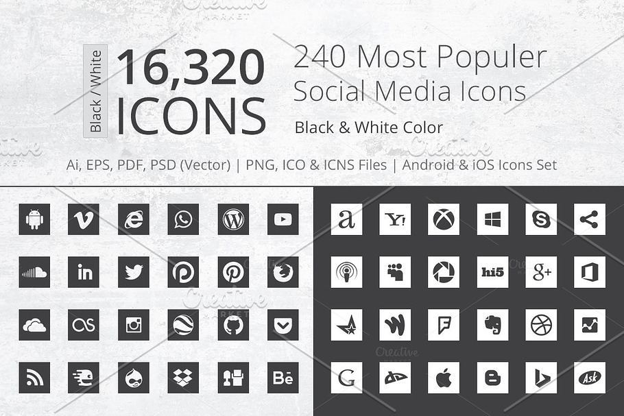 240 Square B/W Social Media Icons