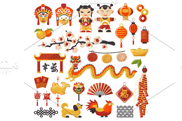 China New Year vector icons set decorative holiday with text Good Luck. Chinese traditional symbols dragon, dog, lighter and east tea, famous oriental culture chinese New Year celebration illustration