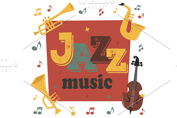 Jazz musical instruments tools background jazzband piano saxophone music sound vector illustration rock concert note.