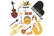 Jazz musical instruments tools icons jazzband piano saxophone music sound vector illustration rock concert note.