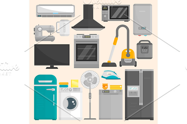 Group of home appliances isolated on white background. Kitchen equipment refrigerator home appliance domestic oven washing microwave electric home appliance cooking freezer tool