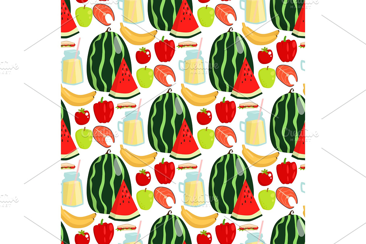 Cartoon fresh watermelon fruits picnic food summer nature flat style seamless pattern design vector illustration. in Illustrations - product preview 8