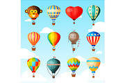Balloon vector cartoon air-balloon or aerostat with basket flying in sky and ballooning adventure flight illustration set of ballooned traveling isolated on background