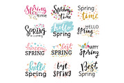 Hello spring time vector lettering text greeting card special springtime typography hand drawn Spring graphic illustration badge