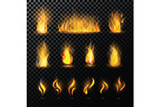 Fire flame vector fired flaming bonfire in fireplace and flammable campfire illustration fiery or flamy set with wildfire isolated on transparent background