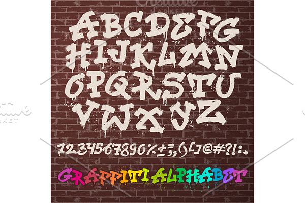 Alphabet graffiti vector alphabetical font ABC by brush stroke graffity font with letters and numbers or grunge alphabetic typography illustration isolated on brick wall background