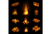 Fire flame or firewood vector fired flaming bonfire in fireplace and flammable campfire illustration fiery or flamy set with wildfire isolated on transparent background