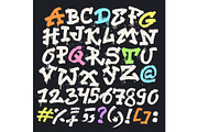 Alphabet graffity vector alphabetical font ABC by brush stroke with letters and numbers or grunge alphabetic typography illustration isolated on black background