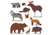 Forest animals vector cartoon animalistic characters bear fox and wild wolf or boar in woodland illustration set of elk hedgehog and squirrel isolated on white background