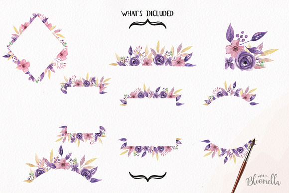 Lilacs Frames Watercolor Florals Set in Illustrations - product preview 3
