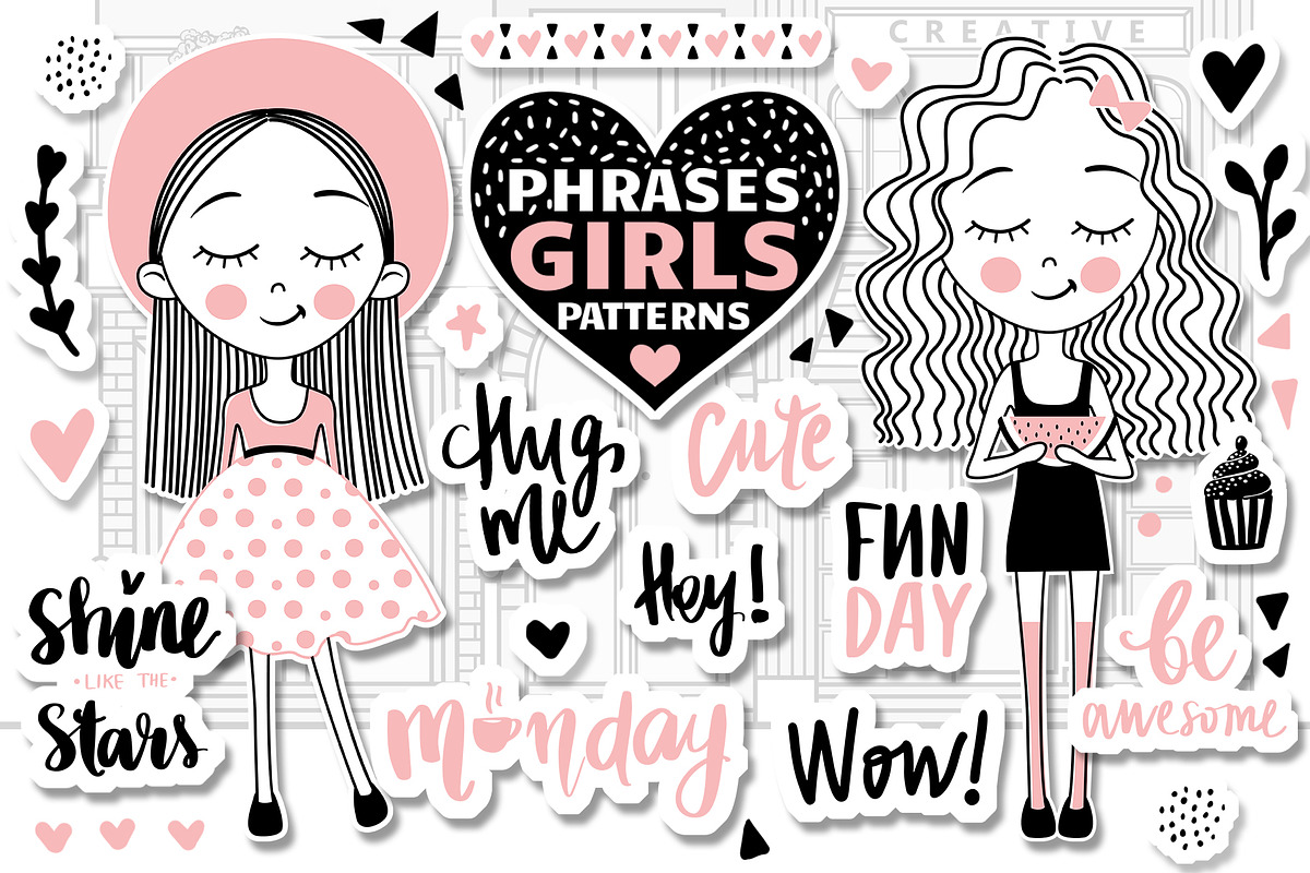 Cute Girls.Positive phrases.Patterns in Illustrations - product preview 8