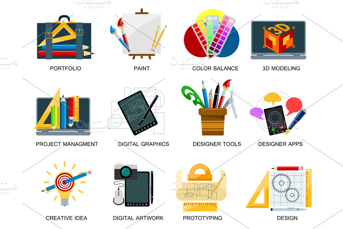 Creativity icons imagination vector illustration abstract colorful flat creative process design development elements. in Illustrations - product preview 8