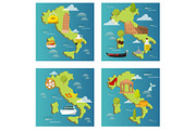Italy travel map vector attraction tourist symbols sightseeing world italian architecture elements illustration.