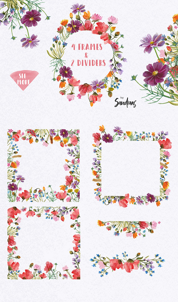 Wild flowers watercolor clip art in Illustrations - product preview 2