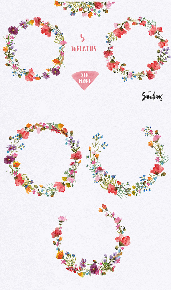 Wild flowers watercolor clip art in Illustrations - product preview 3