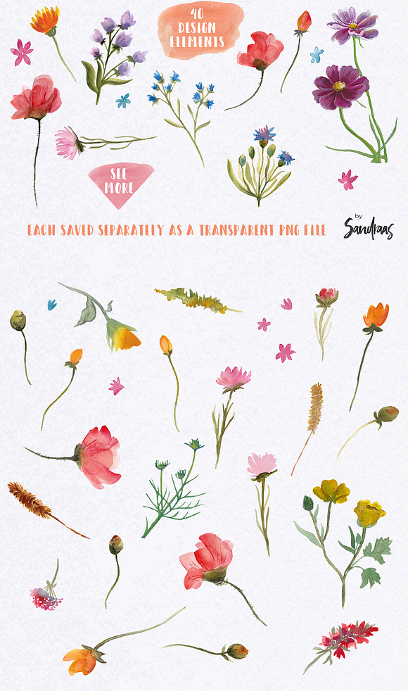 Wild flowers watercolor clip art in Illustrations - product preview 4