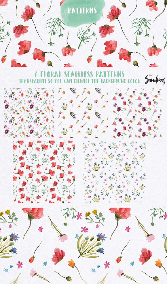 Wild flowers watercolor clip art in Illustrations - product preview 6