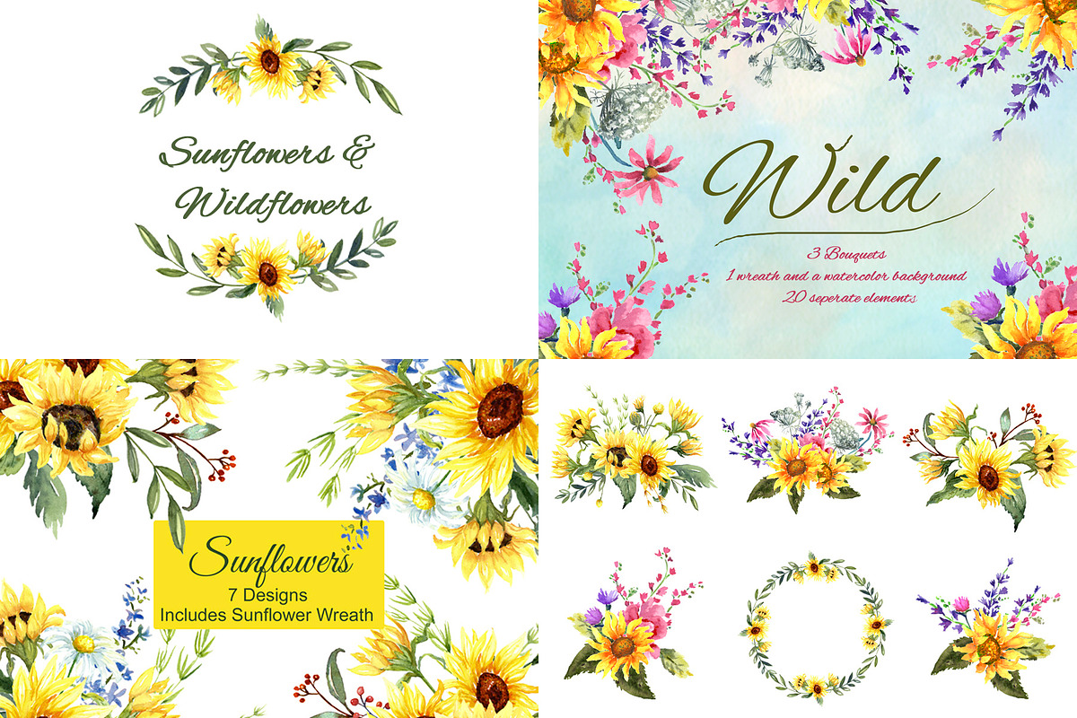 Sunflowers & Wildflowers Clip Art in Illustrations - product preview 8