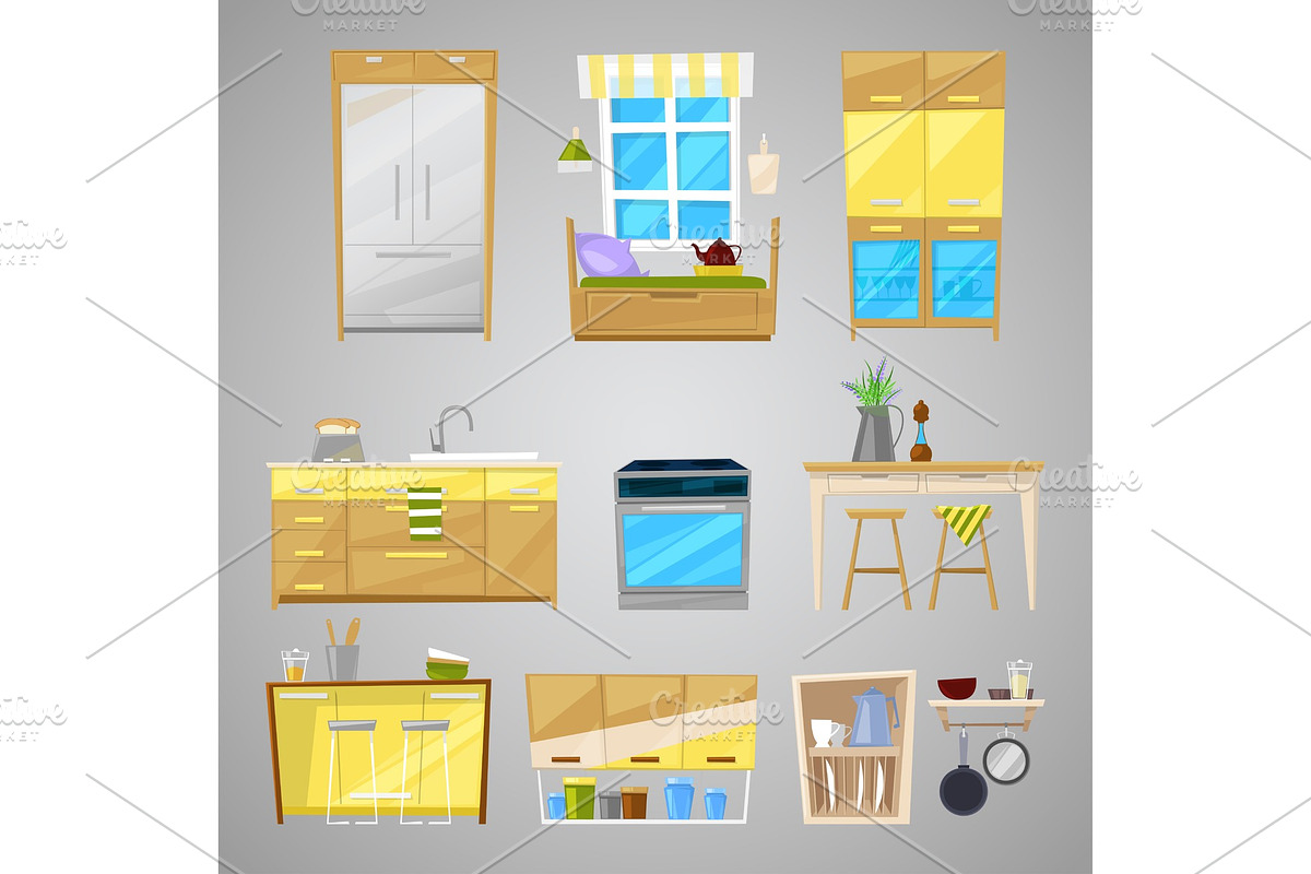 Kitchen interior vector furniture and home appliance of dining room in furnished interior illustration set of furnishings design refrigerator and cooker isolated on background in Illustrations - product preview 8