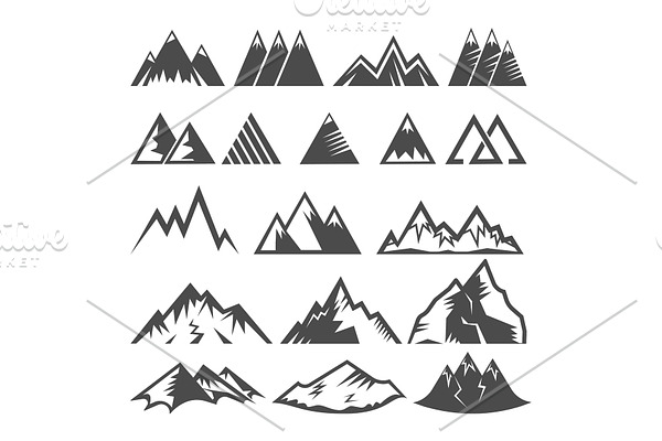 Mountain logo vector mounting logotype peak of mount and winter mountainous valleys hiking mountaineering rock climbing or traveling in alps illustration set of icons isolated on white background