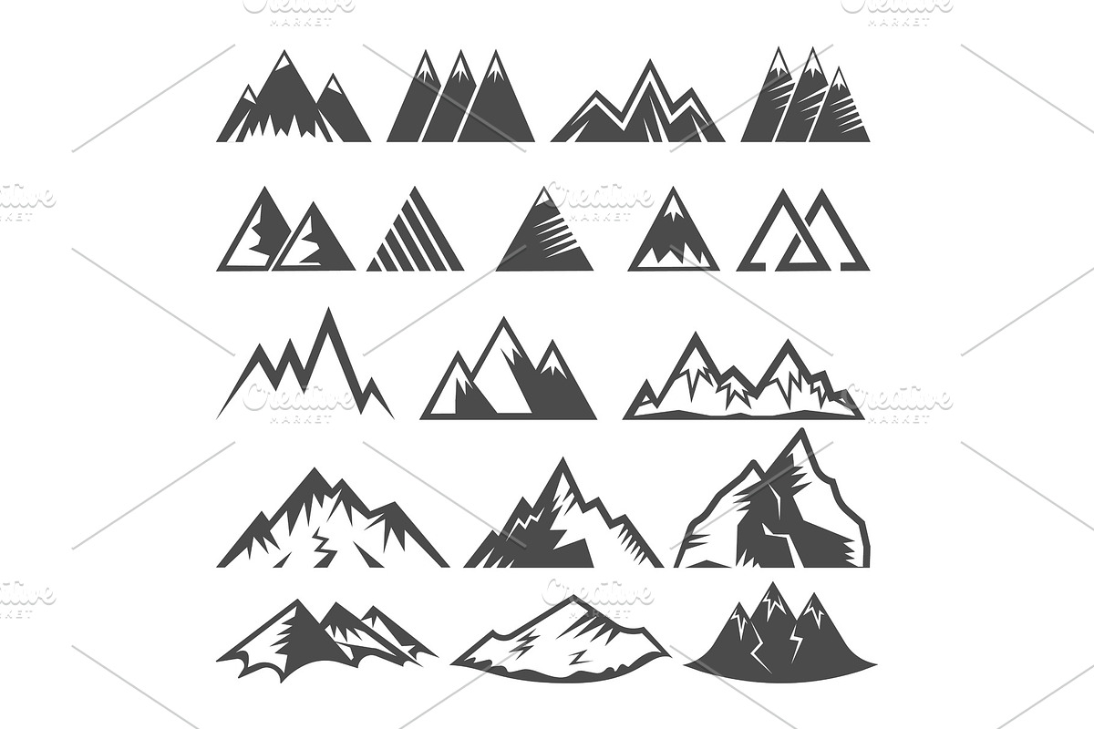 Mountain logo vector mounting logotype peak of mount and winter mountainous valleys hiking mountaineering rock climbing or traveling in alps illustration set of icons isolated on white background in Illustrations - product preview 8