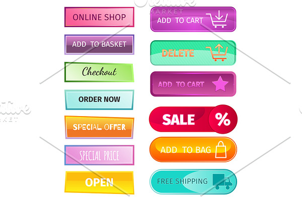 Web elements shop buttons buy element cart business banner symbol navigation menu online chart discount market retail store vector.