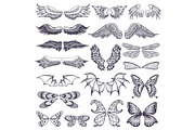 Wings vector flying winged angel with wing-case of bird and butterfly with wingspan illustration black wing-beat tattoo silhouette set isolated on white background