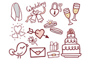 Wedding outline hand drawn icons vector illustration married celebration music groom invitation elements.