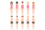 Vector illustration of different body shape types characters standing beauty figure cartoon model.