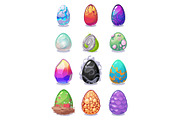 Magic dragon vector colored eggs painted with rainbow pattern multi colored Dragon Easter eggs collection for game design. Magical ornament spring Easter holiday symbol illustration