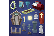 Graveyard vector scary cemetery and halloween horror in night illustration set of spooky grave or tomb and tombstone isolated on background