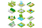 Park vector landscape of parkland with green garden trees and fountain or pond in city illustration set of isometric parkway in cityscape isolated on white background
