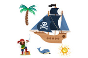 Pirate treasure vector adventure sea nautical symbols nautical character captain sailor with sword jewelry piratic illustration.