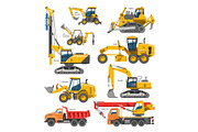 Excavator for construction vector digger or bulldozer excavating with shovel and excavation machinery industry illustration set of constructive vehicles and digging machine isolated on white