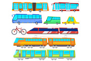 Transport vector public bus or train transported passengers and car or bicycle for transportation in city illustration set of transportable machines isolated on white background