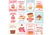 Sweets lettering vector confectionery cupcake sign and sweet confection chocolate dessert with caked candies template for typography illustration confected donut set isolated on white background